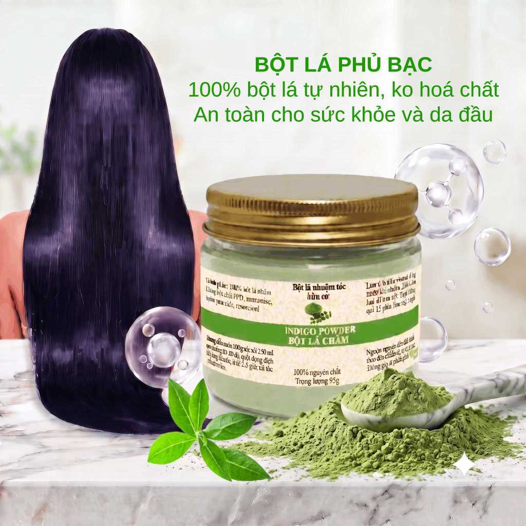 [Màu đen tím 95g] Bột lá chàm indigo phủ bạc, 100% thảo mộc tự nhiên