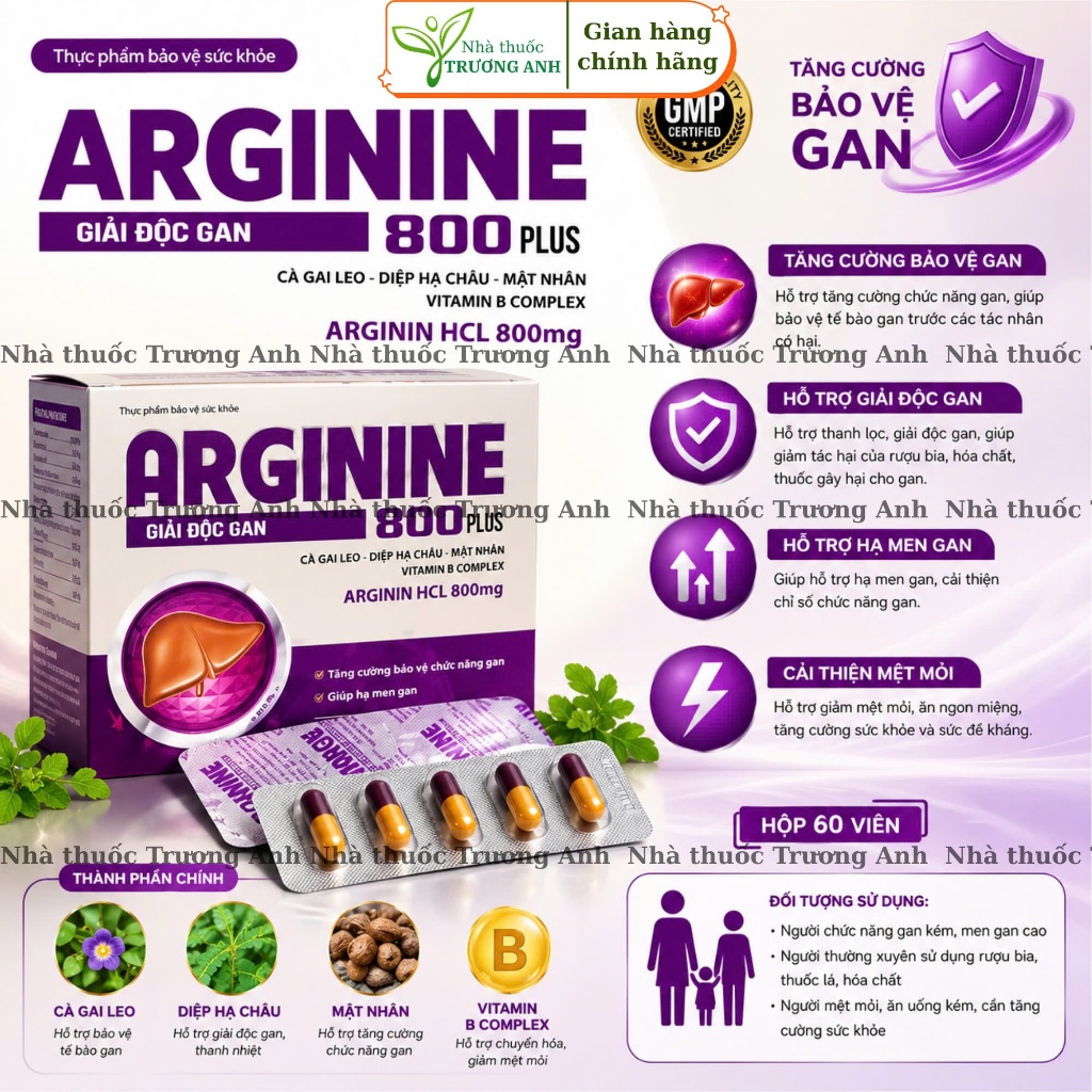 Arginine 800 Plus - hỗ trợ chức năng gan , bảo vệ tế bào gan , hạ men gan , giải độc gan - Hộp 60V