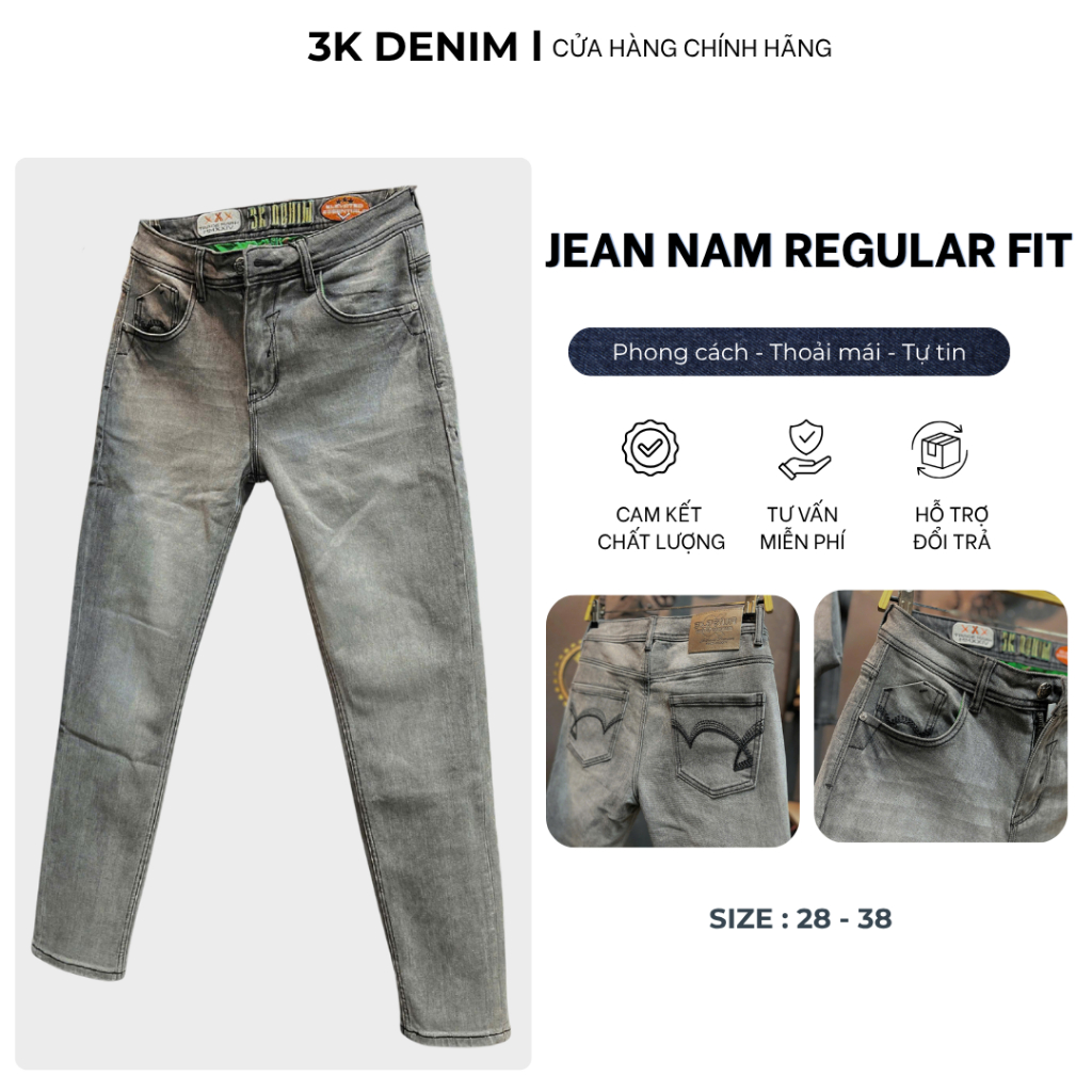 [3K DENIM] Quần Jean Denim Guangzhou -3K1538 Nam Dài Màu Xám Was Thêu Túi Chất Denim Có Co Gĩan
