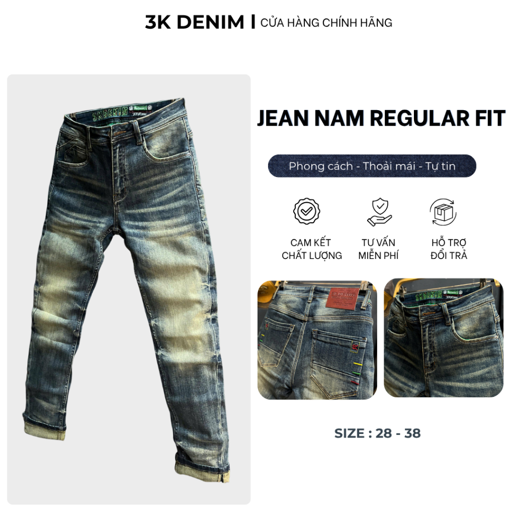 [3K DENIM] Jean Denim Guangzhou J4116-3K1531 Màu Xanh Was Phủ Dơ Lưng Thêu Chỉ Xanh Mẫu Mới.