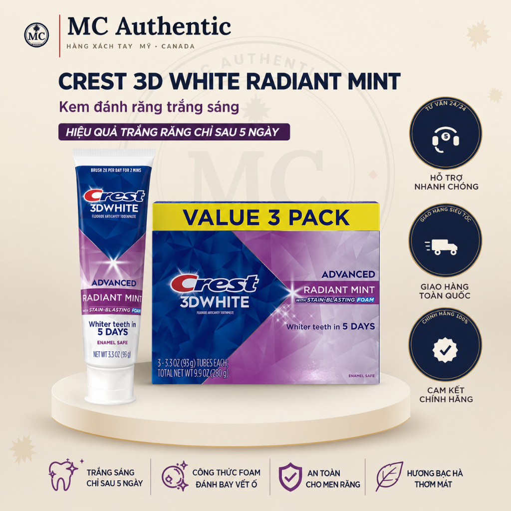 Hàng Mỹ - kem đánh trắng răng Crest 3D white Brilliance/Brilliance Extra/Luminous Purple