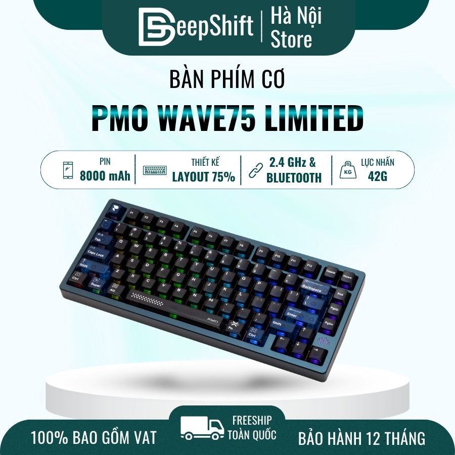 Bàn Phím Cơ PMO Wave75 – Khung Nhôm CNC, Layout 75%, Gasket Mount, Kết Nối 3 Chế Độ
