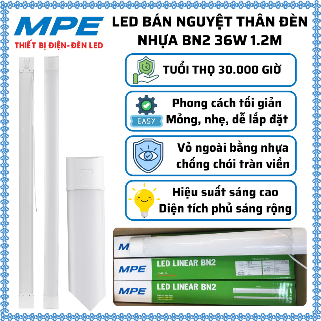 Đèn Led Bán nguyệt nhựa MPE 1m2 BN & BN2-36T 36W ánh sáng trắng,Ánh sáng vàng