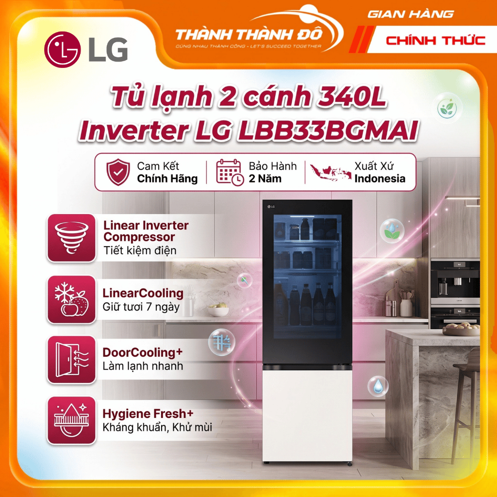 [CHÍNH HÃNG] Tủ lạnh 340L LG Inverter InstaView LBB33BGMAI - Gõ 2 lần để nhìn thấu