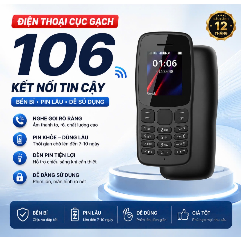 Điện Thoại Cục Gạch 106 4G 2 sim Viettel và Itel, Điện Thoại Cùi Bắp, Điện thoại cục gạch giá rẻ cho