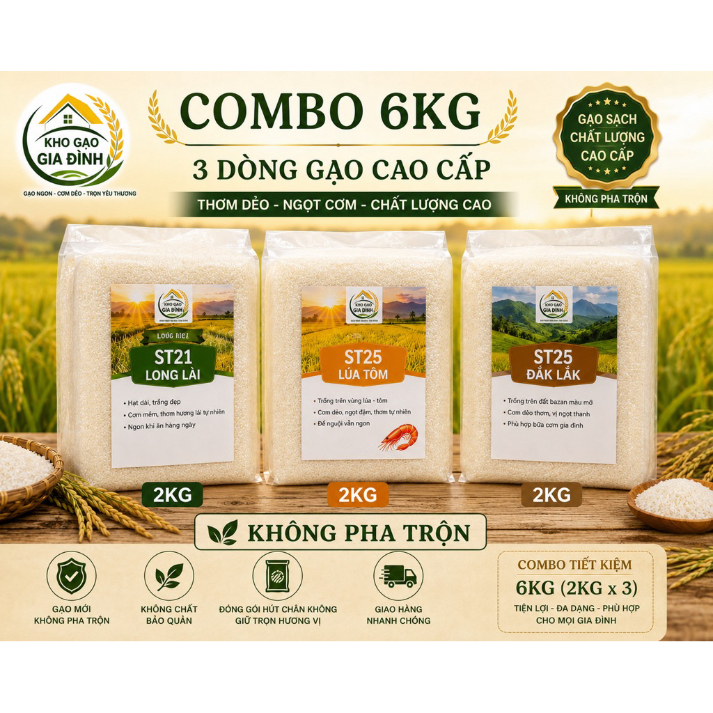 Combo 6KG Gạo ST21 Long Lài + ST25 Lúa Tôm + ST25 Đắk Lắk (2KG x 3) – Thơm Dẻo, Cơm Ngọt