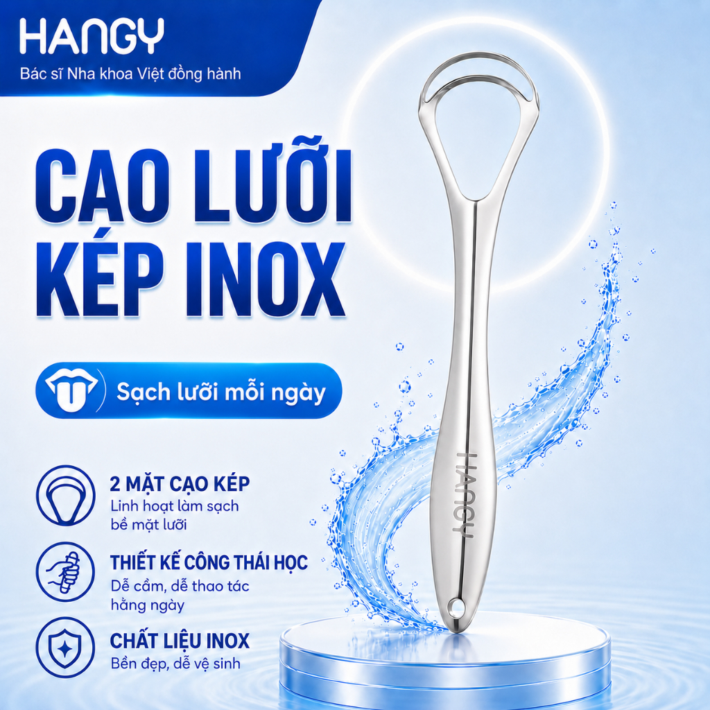 Cạo Lưỡi Kép Inox HANGY – Làm Sạch Mảng Trắng, Hỗ Trợ Giảm Hôi Miệng, Vệ Sinh Lưỡi Hàng Ngày