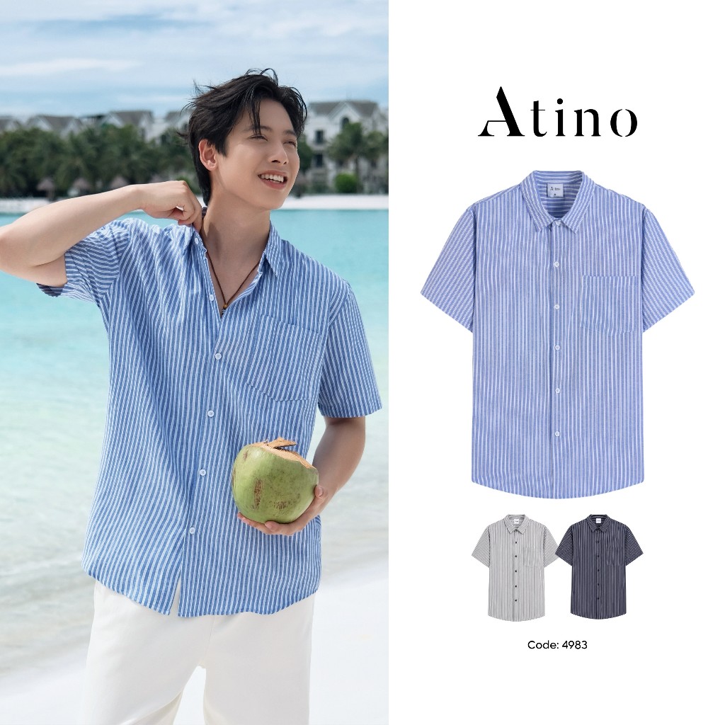 Áo Sơ Mi Nam Ngắn Tay ATINO Kẻ Sọc Trẻ Trung Dáng Regular Có Túi Vải Cotton Mát Ít Nhăn L.3.4983