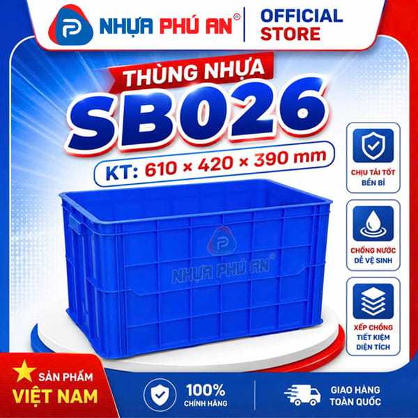 Thùng nhựa HS026 sb026 Nhựa Phú An - Kt 610 x 420 x 390 mm