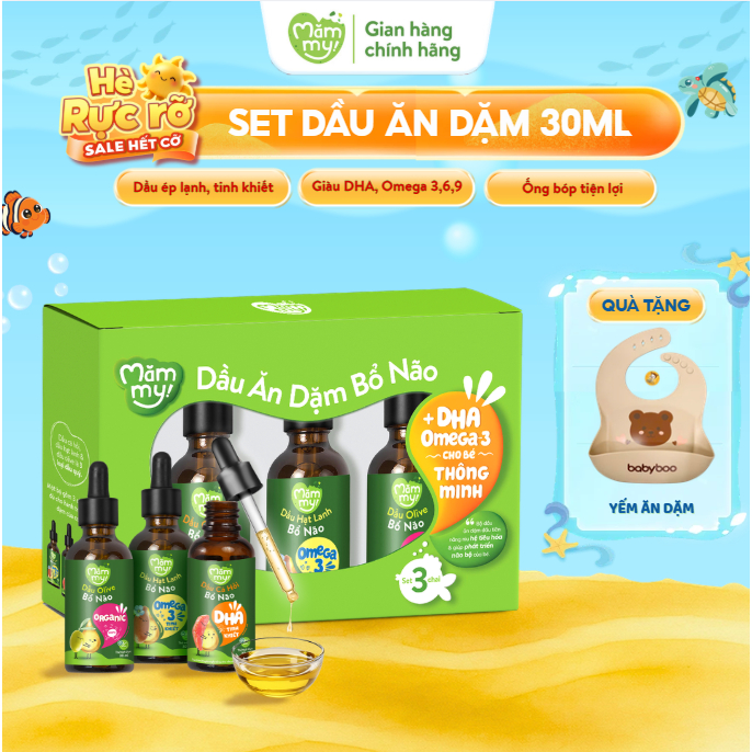Dầu Ăn Dặm Cho Bé Mămmy dầu Cá hồi, Hạt lanh, Oliu, Gấc, Óc chó bổ sung DHA bé từ 6 tháng, chai 30ml