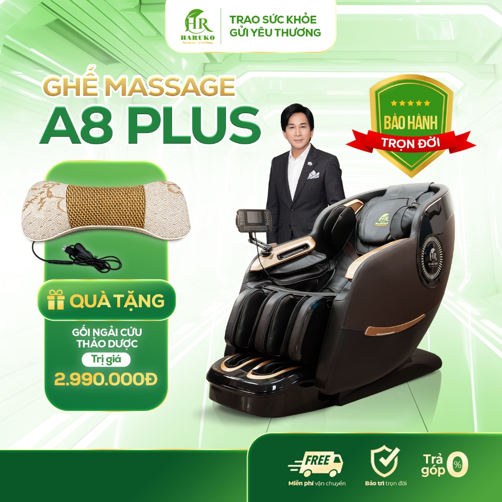 Ghế massage toàn thân HR Haruko A8 Plus New, máy massage cao cấp con lăn mát xa di chuyển bảo hành t