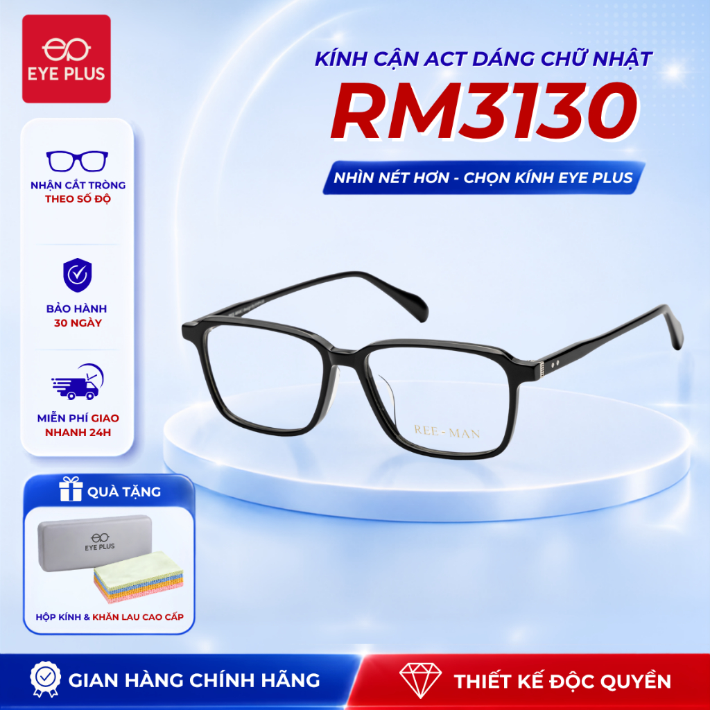 [RM] Kính Cận Dáng Vuông Nam Nữ Reeman 3130 Eye Plus Gọng Kính Nhựa Acetate Kiểu Dáng Thời Trang