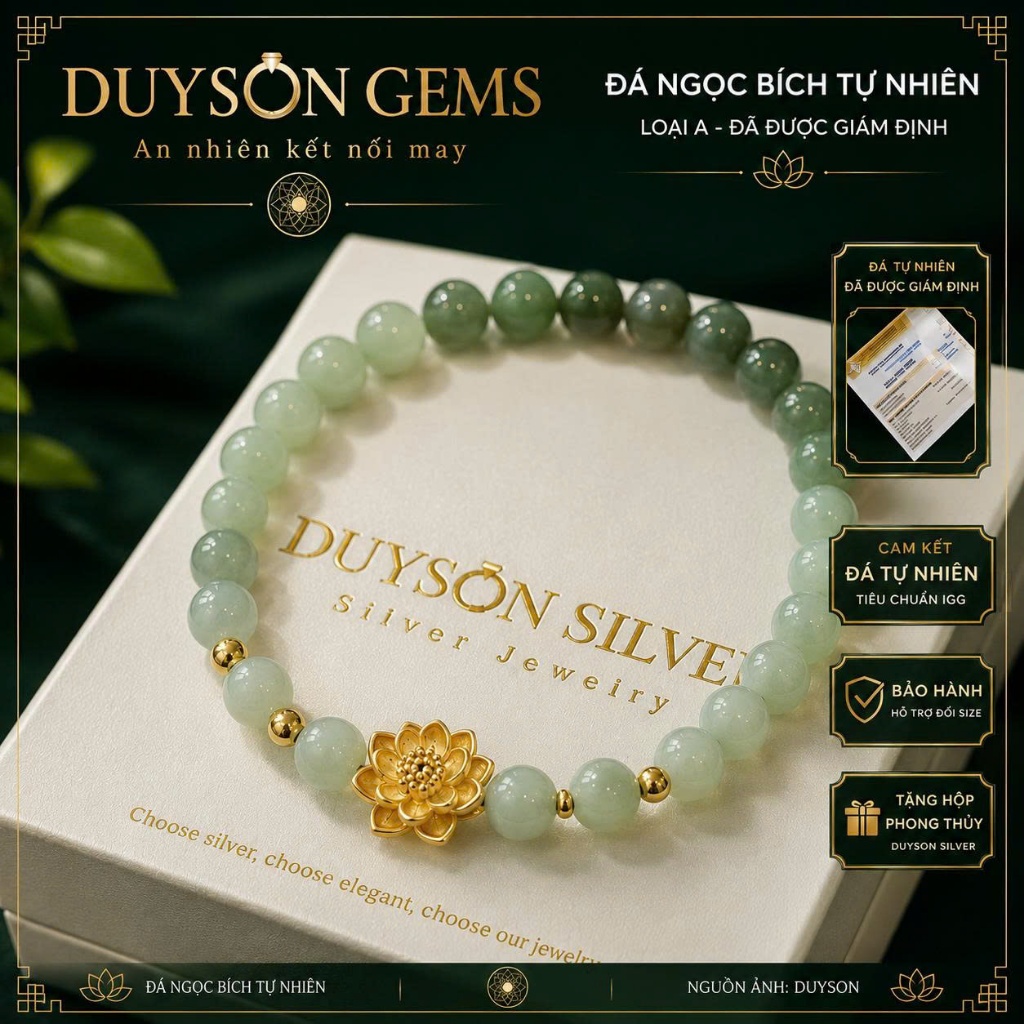 Vòng tay Duyson Gems chuỗi ngọc bích Hòa Điền Ombre mix charm hoa sen mạ vàng 18k LTPT19
