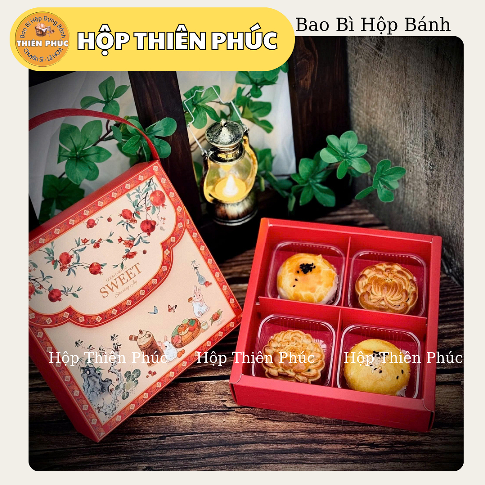 Hộp Trung Thu Thỏ Moon Đỏ Mini 4 Bánh Có Quai Xách - Hộp Đựng Bánh Trung Thu 50g-75g Cao Cấp Làm Quà