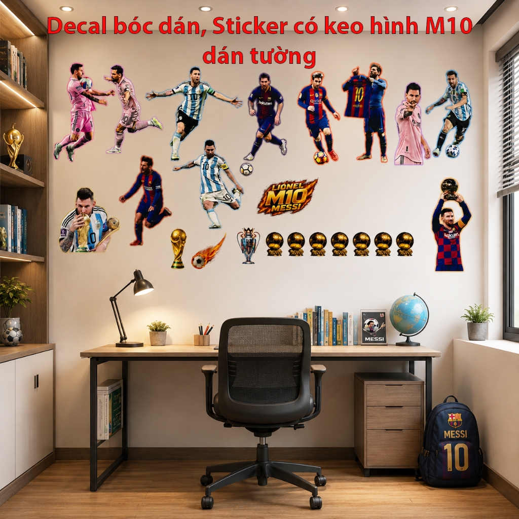 Sticker,Decal cắt hình cầu thủ Lionel Messi-M10 dán tường, Sticker dán tường M10 cắt sẵn, có keo dán