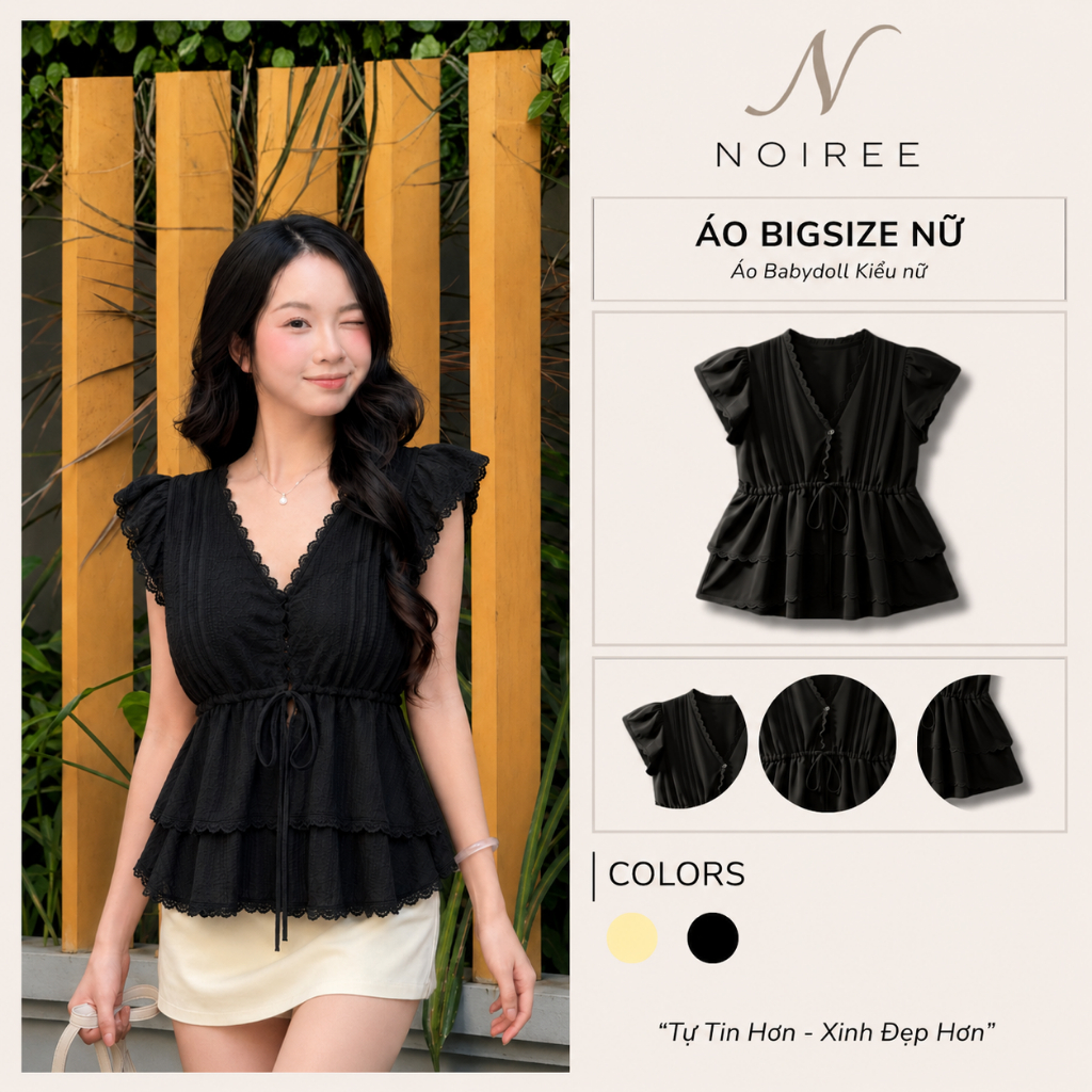[BigSize] Áo Babydoll Bigsize Nữ Kiểu Cổ V Phối Ren Dây Nơ Xếp Tầng Xinh Xắn Mùa Hè Noiree - BA010