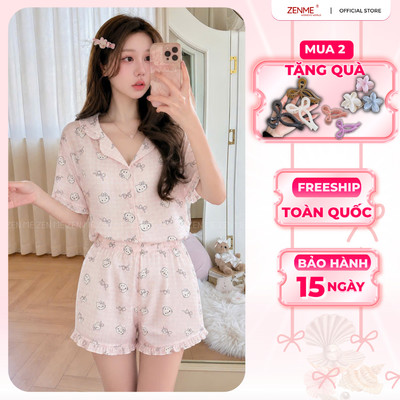 Bộ Ngủ Pijama Viền Bèo Lụa Cao Cấp ZENME Bộ Mặc Nhà Nữ Lụa Latin Form Rộng PJVB0524