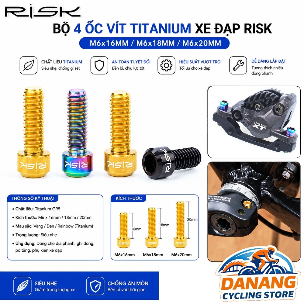Bộ 4 Ốc Vít Titanium Xe Đạp RISK M6x16mm / M6x18mm / M6x20mm –  Phụ Kiện Xe Đạp