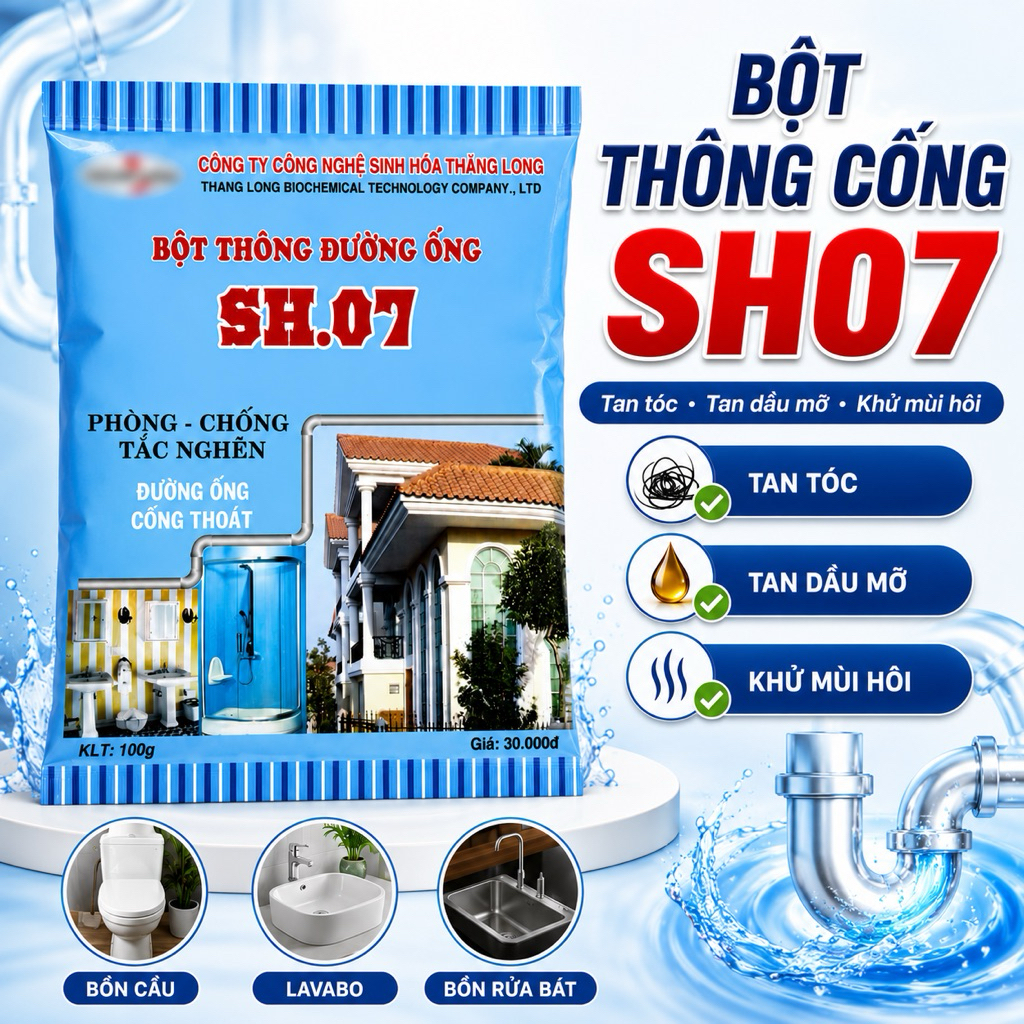 Bột Thông Cống SH07 100g - Thông Tắc Bồn Cầu, Chậu Rửa, Lavabo, Đường Ống, Tan Tóc Dầu Mỡ, Khử Mùi Hôi