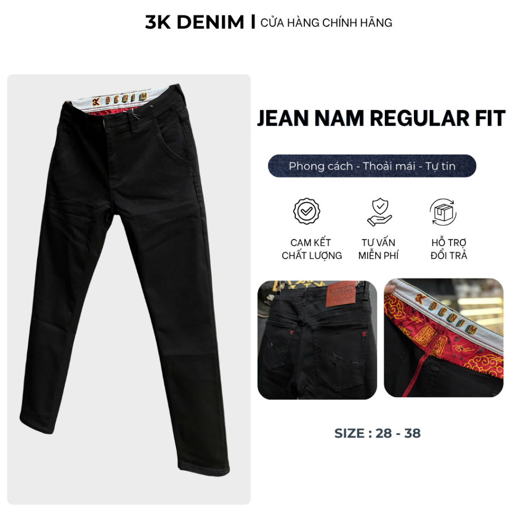 [3K DENIM] Quần Jean Denim Guangzhou J4074-3K1611 Màu Đen Én Lưng Trắng Mẫu Mới Chi Tiết Như Hình