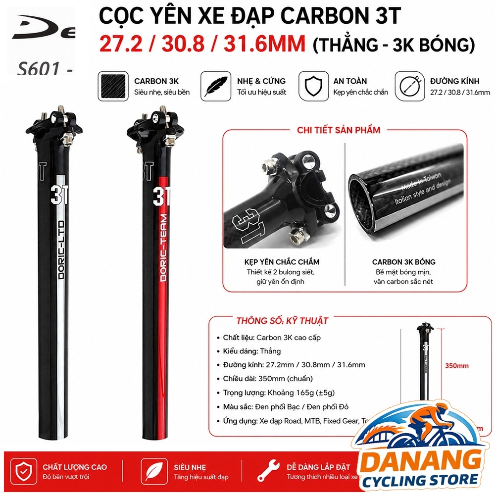 Cọc Yên Xe Đạp Carbon 3T 27.2 / 30.8 / 31.6mm – Thẳng (Zero Offset) – Carbon 3K Bóng