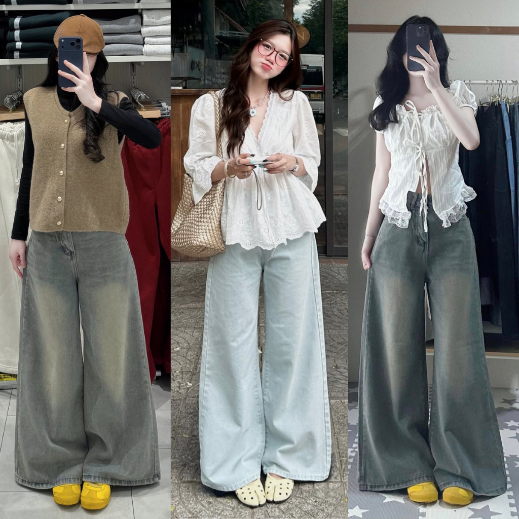 Quần Jean Nữ MIAA ống Rộng 28-32CM màu Trắng Xám Xanh Cạp Cao chất jean dày dặn Đầy ĐỦ SIZE