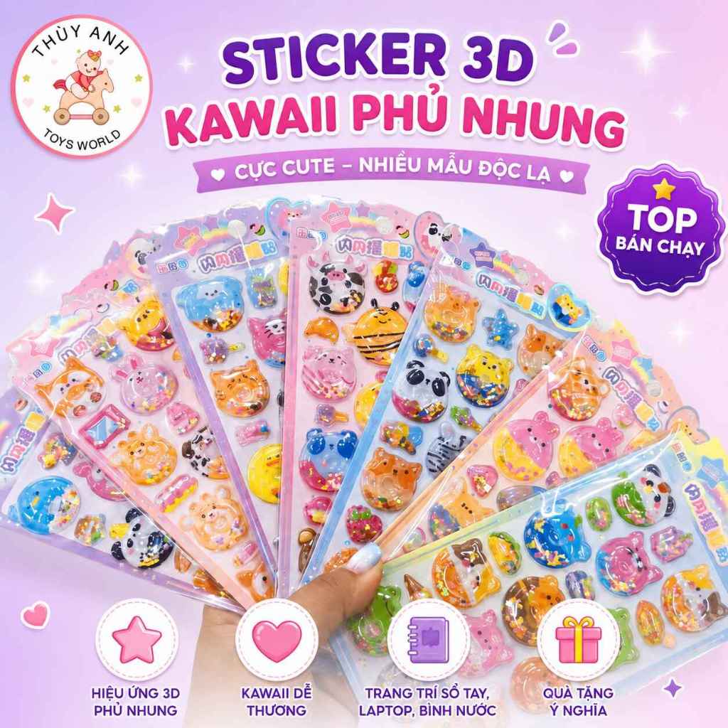 🌈 Sticker Puffy 3D Kawaii Phủ Nhung Trang Trí Sổ Tay, Laptop, Bình Nước, Thiệp Handmade