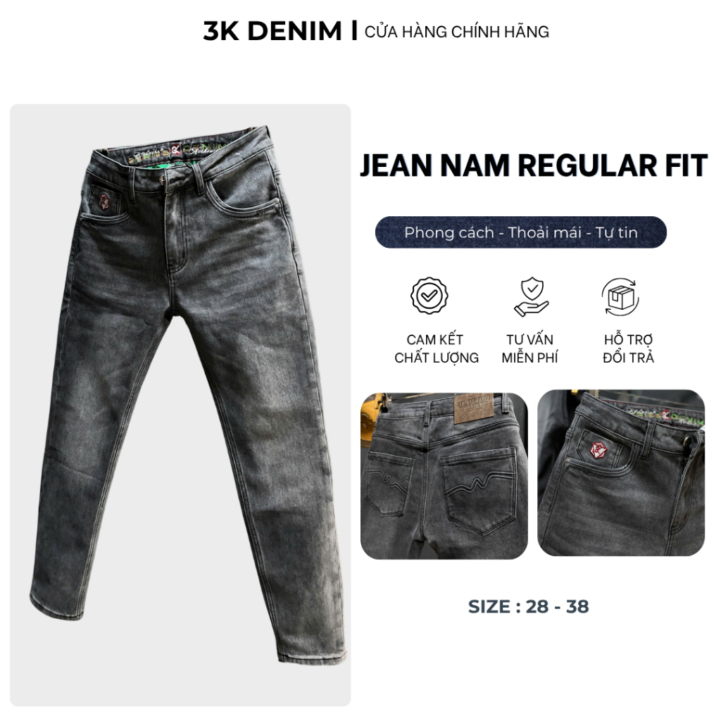 [3K DENIM] Jean Denim Guangzhou J4113-3K1535 Màu Xám Đậm Was Lưng Thêu Mẫu Mới Chi Tiết Như Hình.