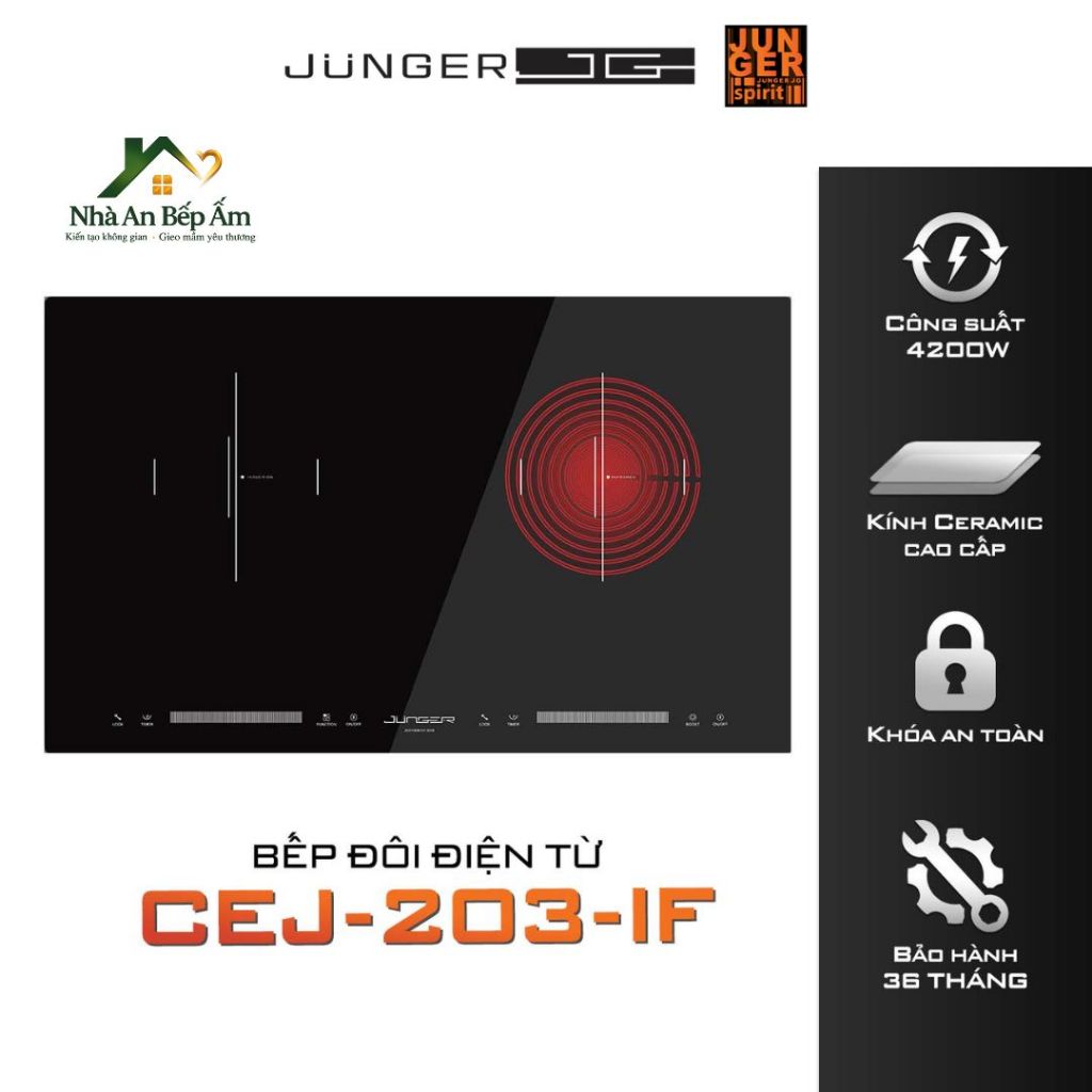 Bếp Điện Từ Hồng Ngoại Junger CEJ-203-IF Inverter 4200W | 1 Từ 1 Hồng Ngoại | Mặt Kính Ceramic | Lắp