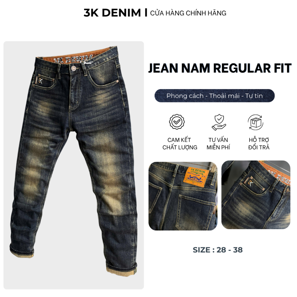 [3K DENIM] Quần Jean Denim Guangzhou Nam Dài Màu Xanh Was Phủ Đồng Lưng in 3K Denim  2253-J3891