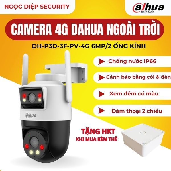Camera IP Dahua 4G 2 Ống Kính DH-P3D-3F-PV-4G 6MP, Xoay 360 Độ, Đàm Thoại 2 Chiều, Cảnh Báo Bằng Còi
