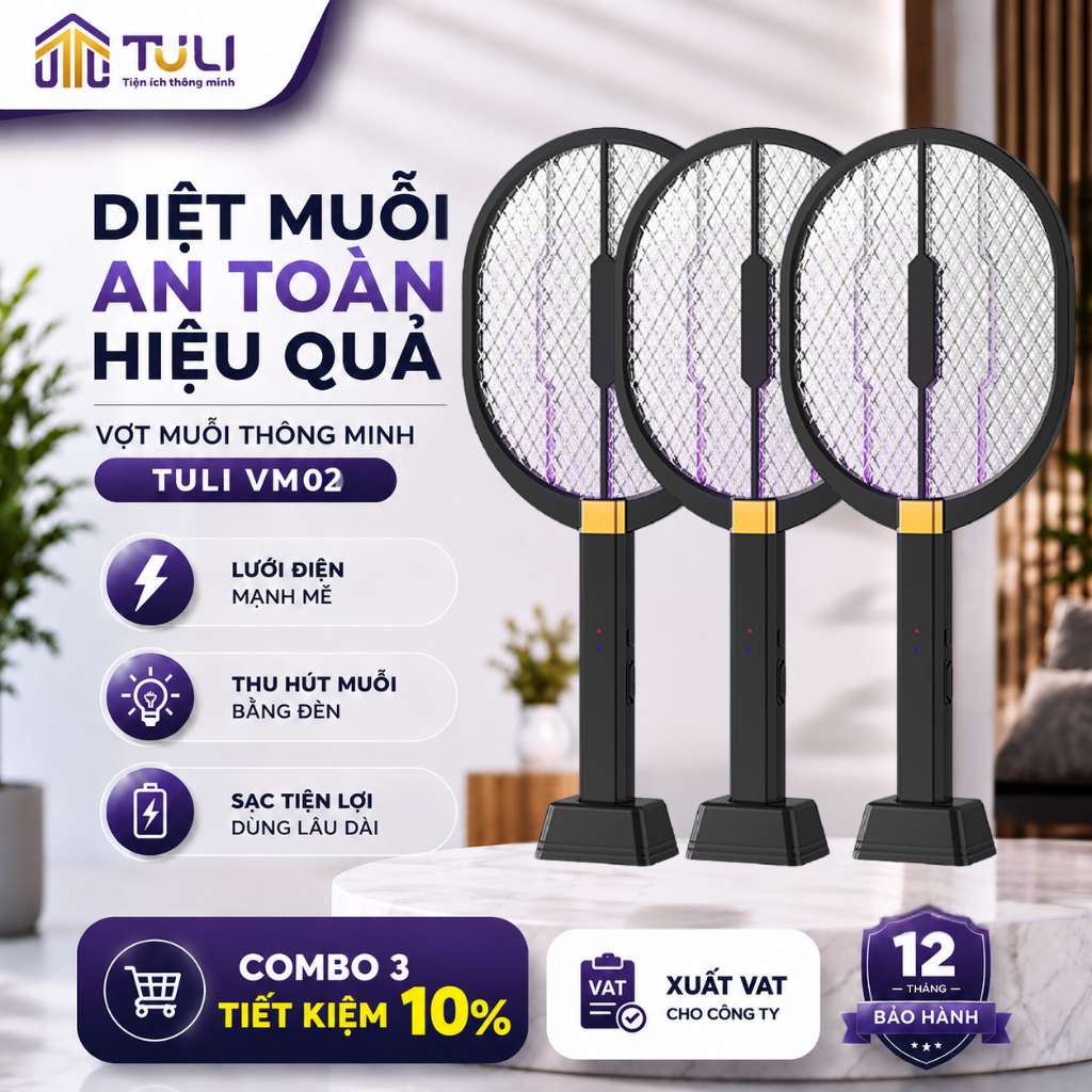 COMBO 3 Vợt muỗi thông minh TULI VM02, Dung lượng pin lớn, Kiêm đèn bắt muỗi, Bảo Hành 12 Tháng