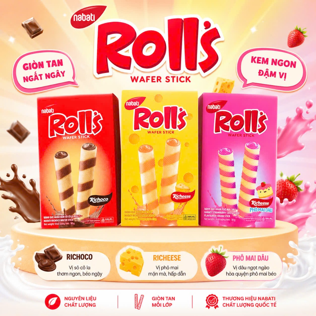 BÁNH QUẾ NABATI ROLLS 50G nhiều hương vị