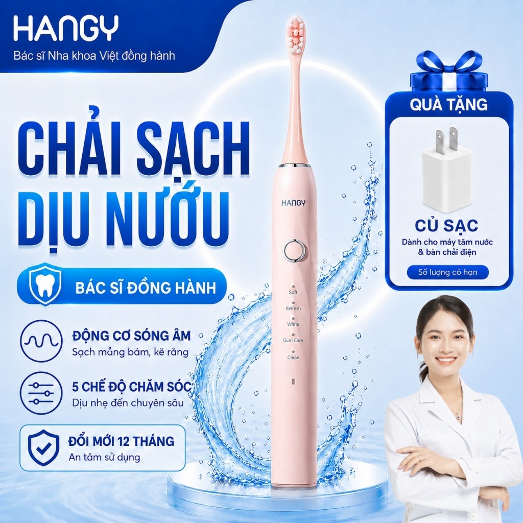 Bàn Chải Điện HANGY HY23 Pro & X1 - Công Nghệ Sonic - Động Cơ Servo Quét Rung 45 Độ