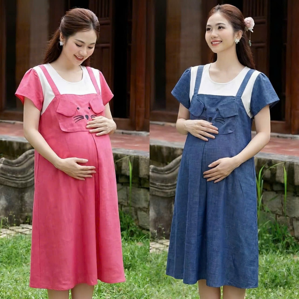 Đầm Bầu Yếm Cam Mặt Mèo Cute – Váy Bầu Mùa Hè Siêu Xinh – YUMI STORE