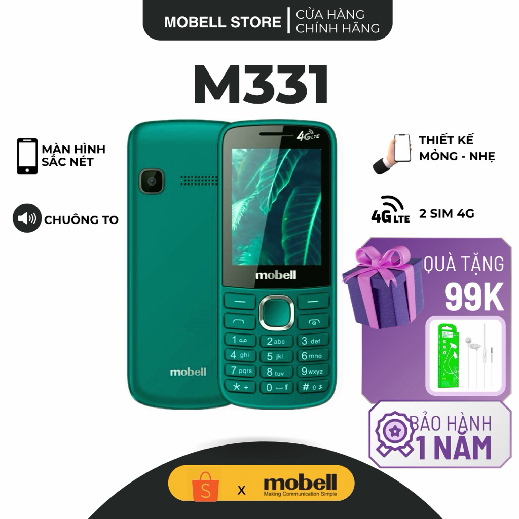 Điện Thoại 4G Mobell M331 – 2 SIM, Loa To, Pin Lâu, Bền Bỉ, Chính Hãng, Bảo Hành 12 Tháng