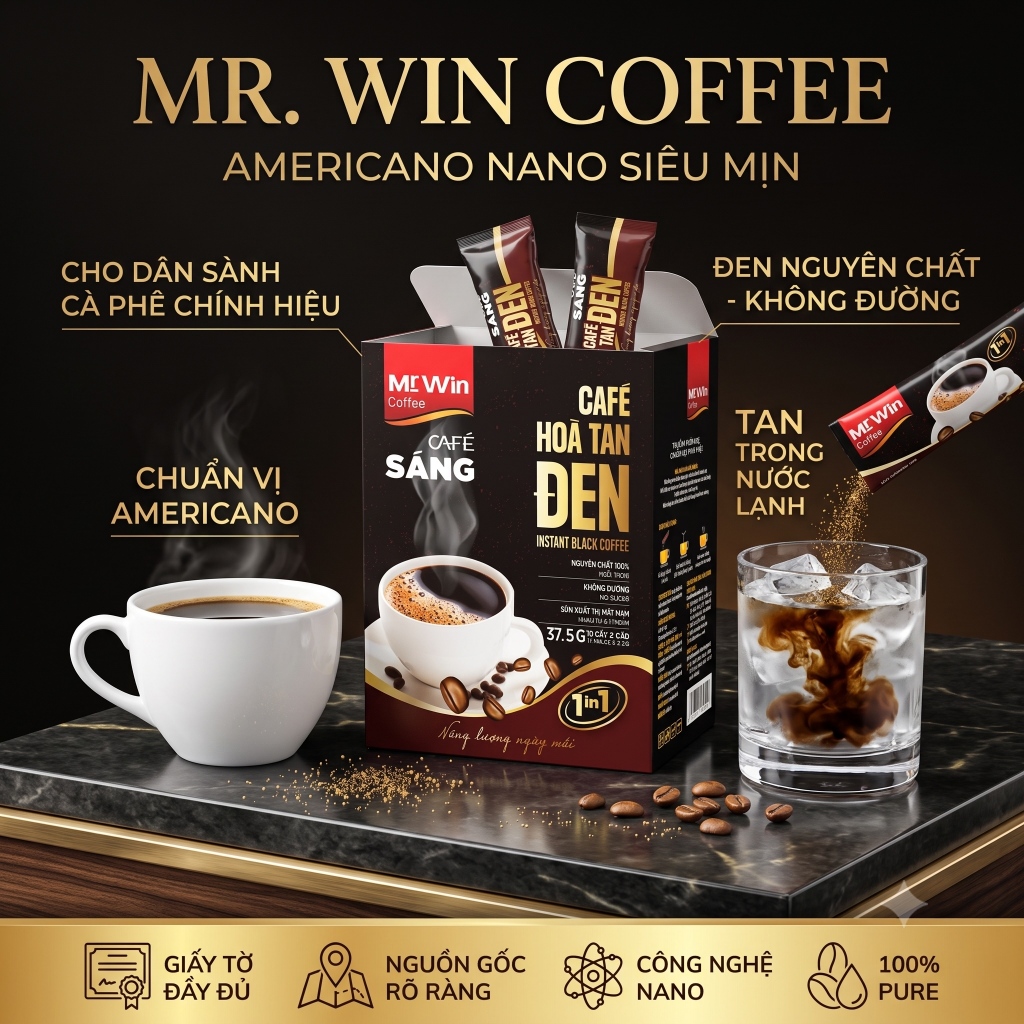 [Độc Quyền] CAFE ĐEN Americano Hoà tan cấp độ nano KHÔNG ĐƯỜNG, hộp 15 gói