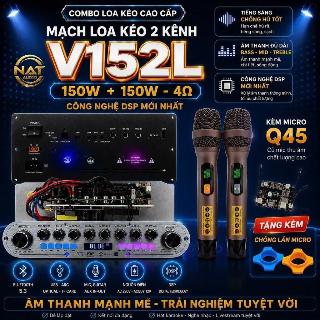 Mạch loa kéo 2 kênh Stereo V152L 300W mua kèm micro tặng chống lăn ( có thể mua kèm hộp mạch)