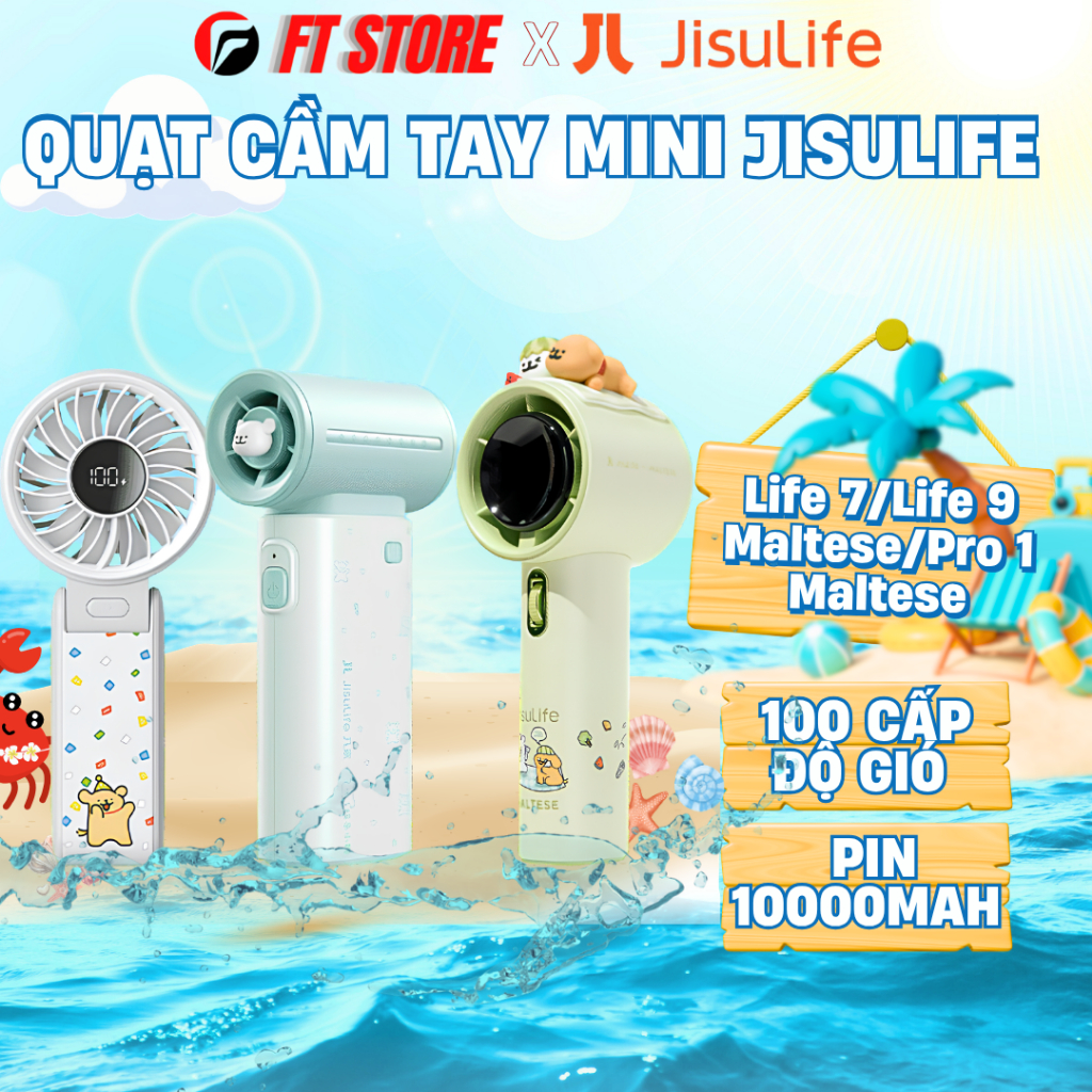 [Jisulife x Maltese] Quạt cầm tay tích điện mini Jisulife Life 7 / Life 9 / Pro1 Maltese - 5 cấp độ 