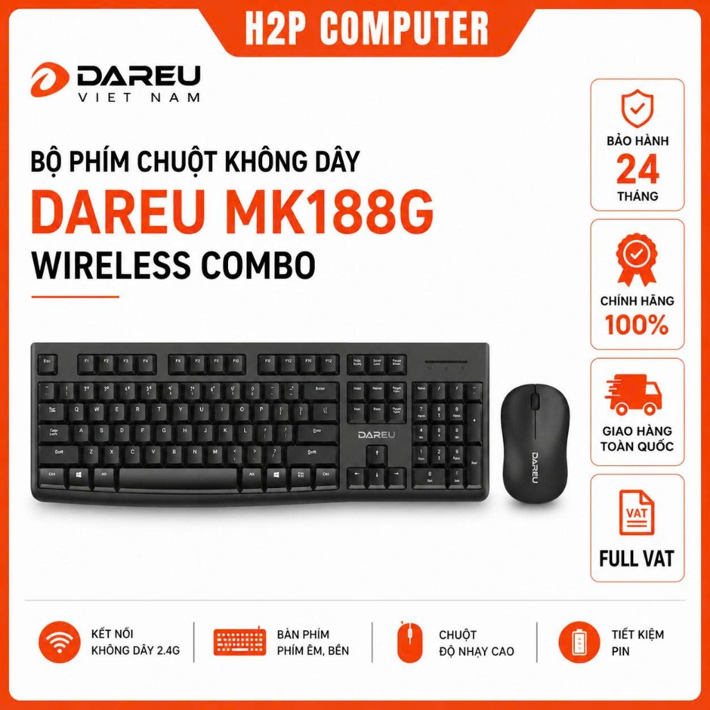 Bộ bàn phím chuột không dây DAREU MK188G Đen dùng chung 1 USB cho PC Laptop - BH 24T