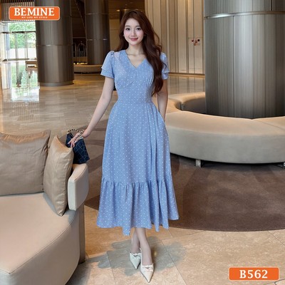 Đầm thiết kế BEMINE cổ chữ V in bi chân váy đuôi cá phù hợp đi chơi-B562