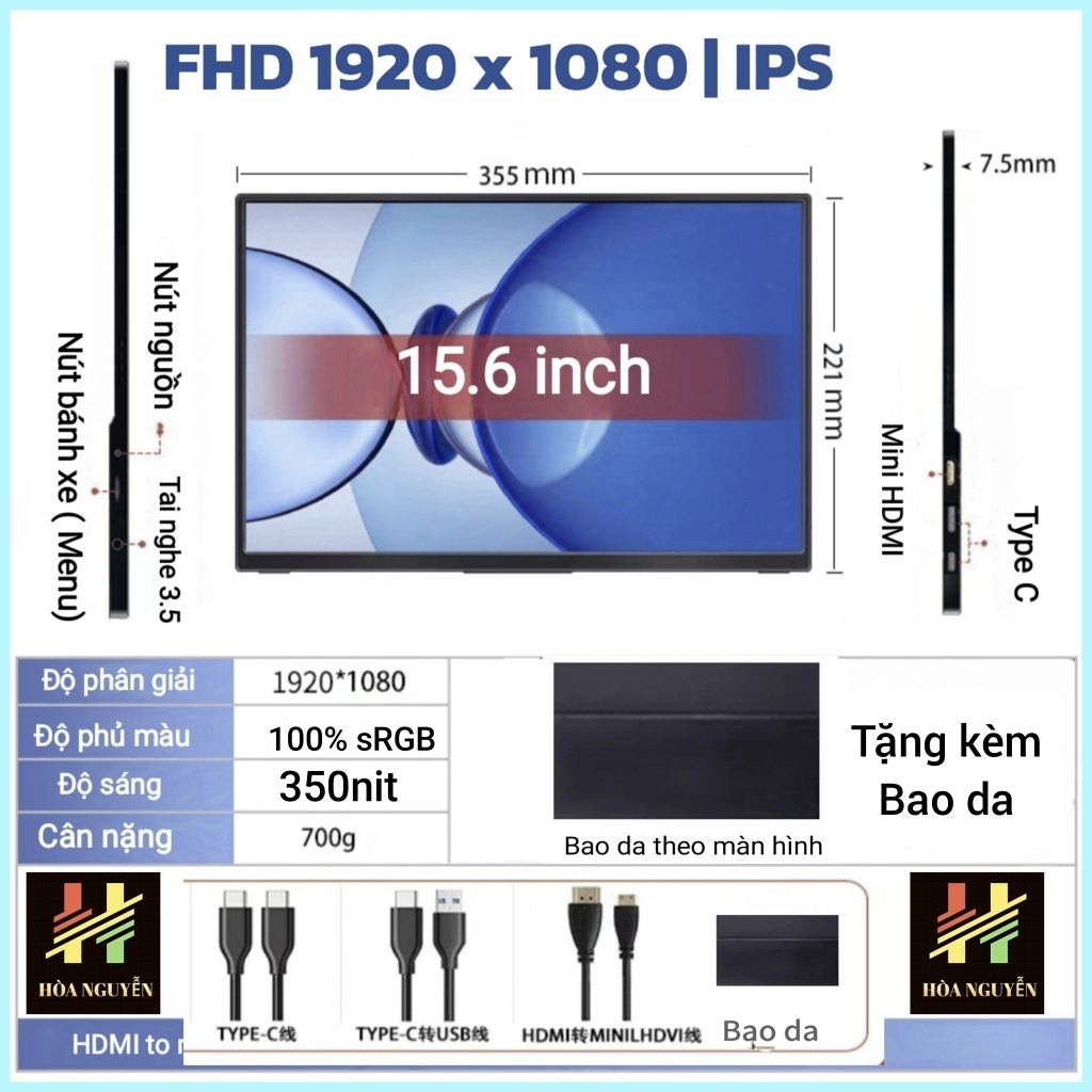 ( Hỏa tốc HCM rẻ Nhất )Màn di động 15.6" khung CNC nguyên khối(16:9) IPS FHD 60Hz