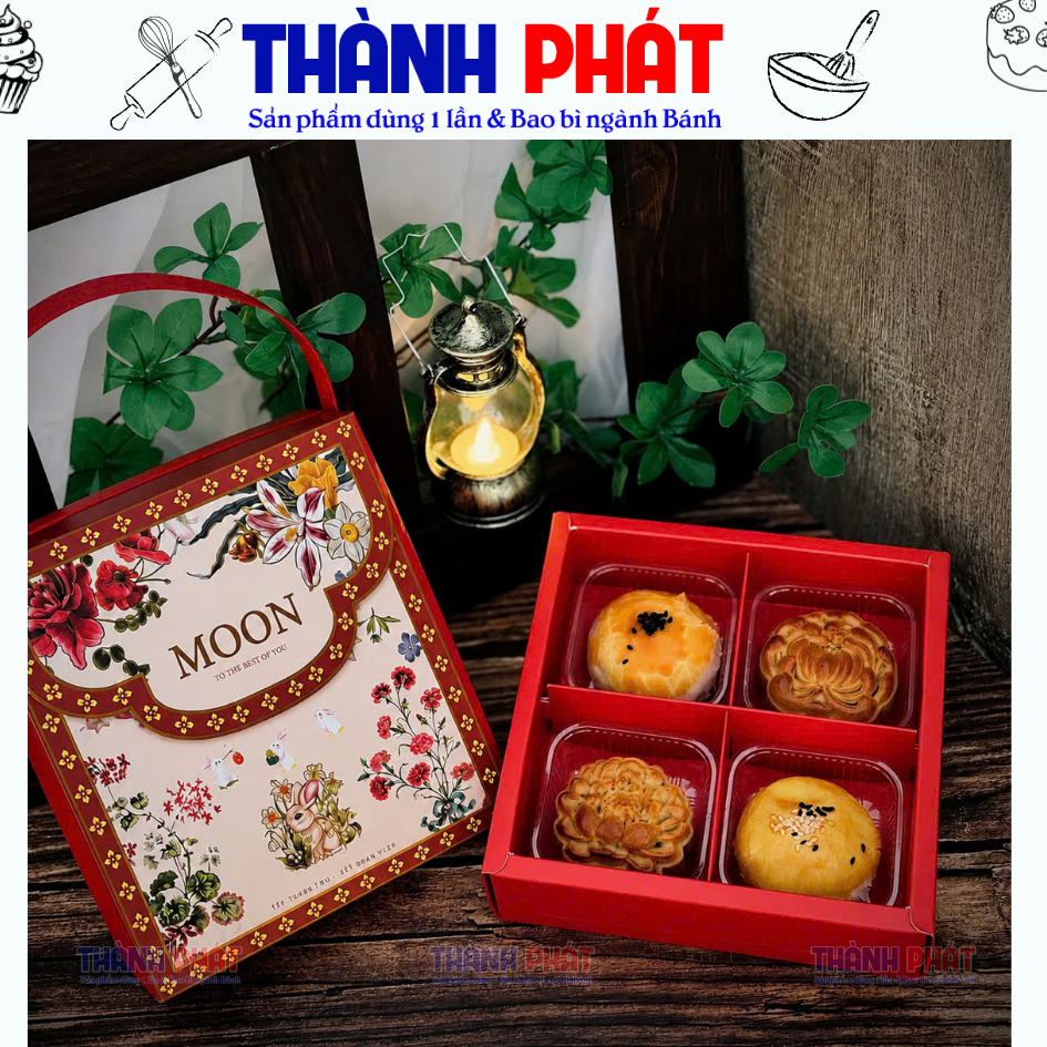 Hộp Đựng 4 Bánh Trung Thu Mini 75g Thỏ Đỏ | Hộp Giấy Đựng Bánh Trung Thu Mini 4 Ô Kèm Khay Nhựa, Hộp