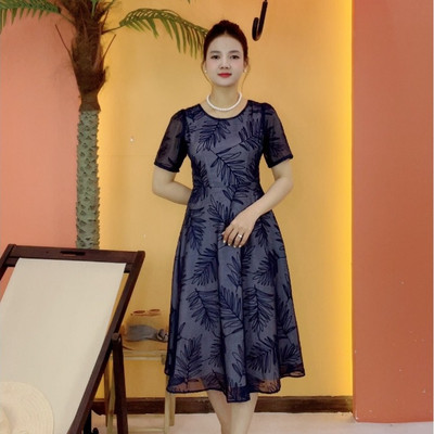 Đầm xòe trung niên cho mẹ - Cổ tròn tay ngắn - Xanh đen - TTV2089