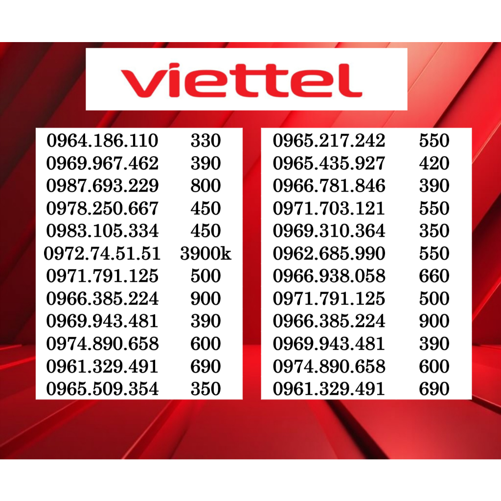 Sim Số Đẹp Viettel 096, 097, 098, Sim Viettel Trả Trước list số 16