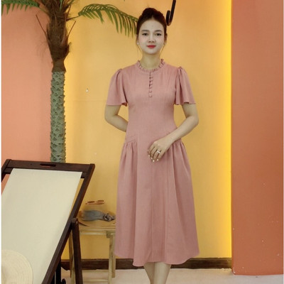 Đầm xòe trung niên cho mẹ - Cổ tròn kết nút tay loe - Hồng ruốc - TTV2091