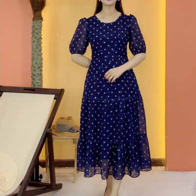 Đầm maxi trung niên cho mẹ - Cổ tròn tay ngắn - Tím than hoa - TTV2092