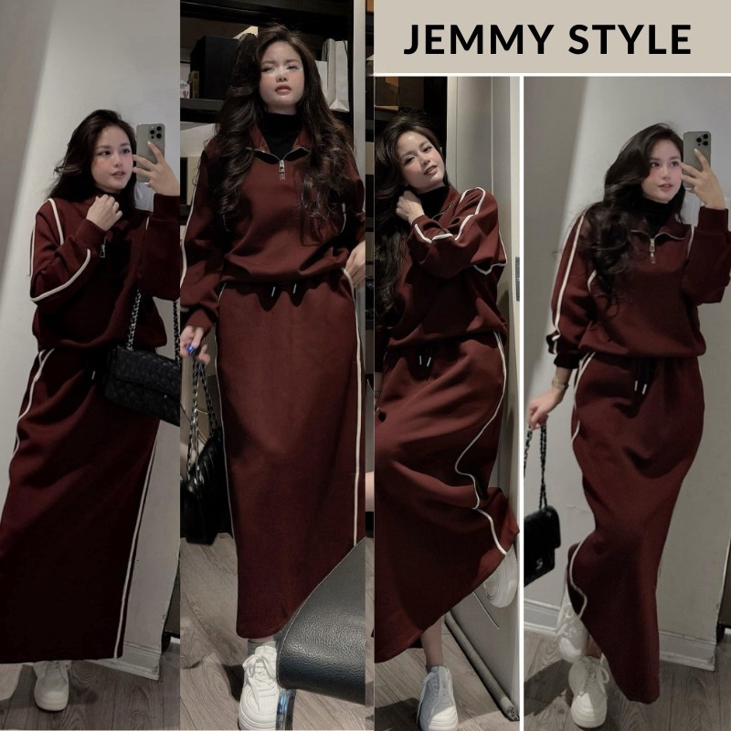 Bộ nỉ nữ thu đông, set bộ nữ áo sweater cổ polo phối khóa mix chân váy suông dáng dài màu đỏ đô HCOM