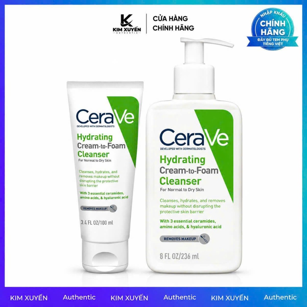 [ DẠNG KEM ] Sữa rửa mặt Cerave Hydrating Cream-to-Foam Cleanser 236ML/100ML