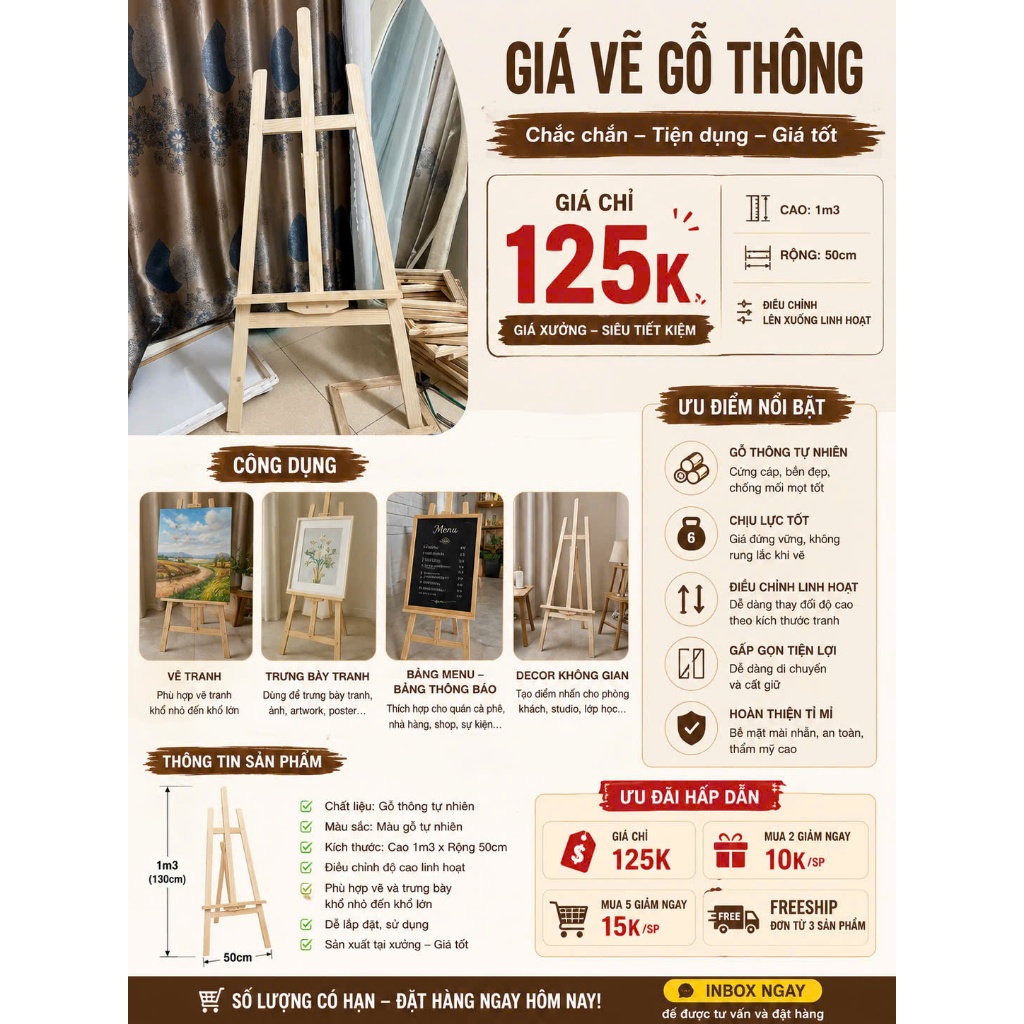 giá vẽ gỗ thông 1m3